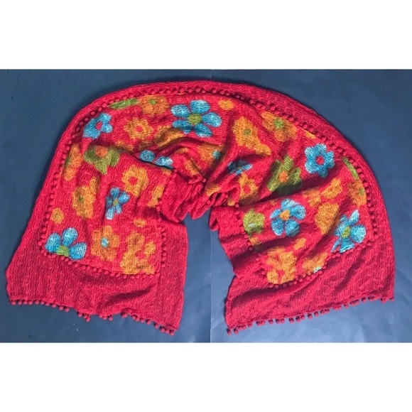 Accessories - Colorful Floral Scarf w Pompom Trim Flower Power Gogo Whimsical Boho Fun Playful